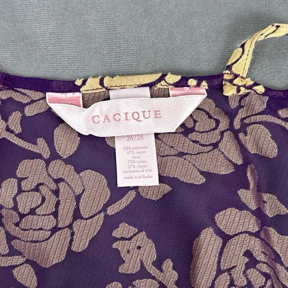 Cacique Chemise Nighty Size 26/28 Purple Gold Floral Lace Semi-Sheer Negligee - Picture 9 of 10